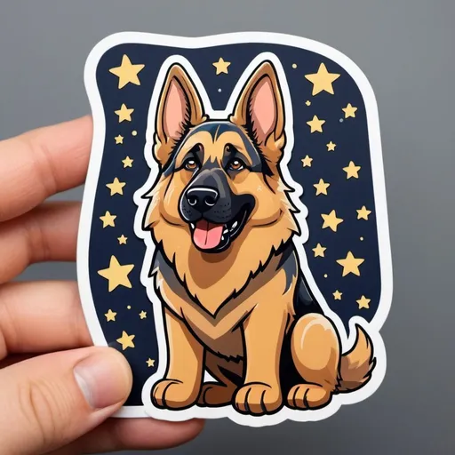 Prompt: diecut sticker of a cartoon image of a german shepherd with a wagging tail with stars around it