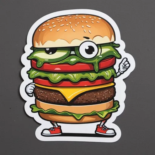 Prompt: die-cut sticker of pickles attacking a burger