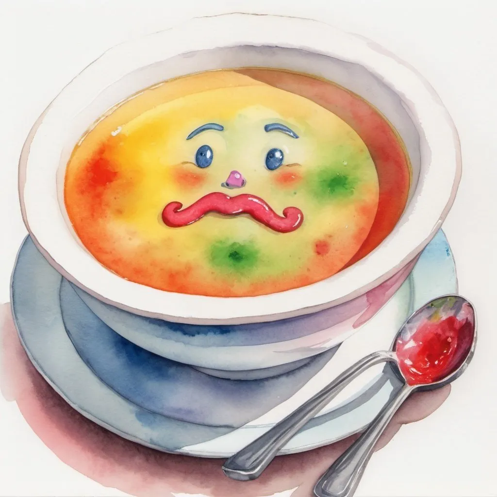 Prompt: water colour painting of a bowl of soup with a face kissing a jolly rancher candy