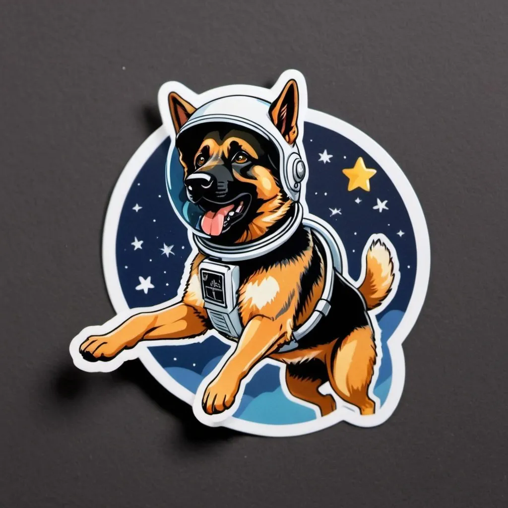 Prompt: diecut sticker of a german shepherd leaping to catch a star wearing a space helmet