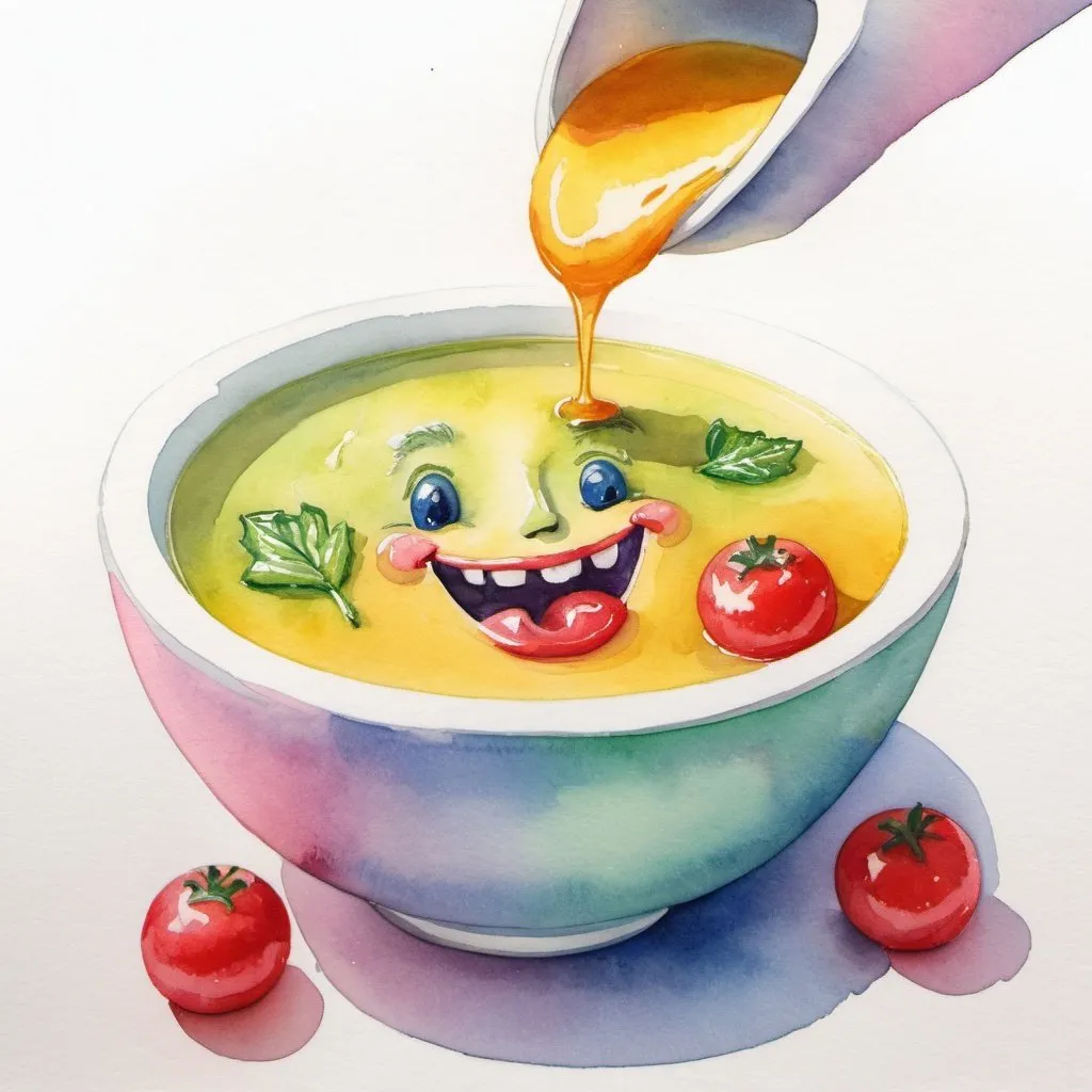 Prompt: watercolour painting of a bowl of soup with a face kissing a jolly rancher candy