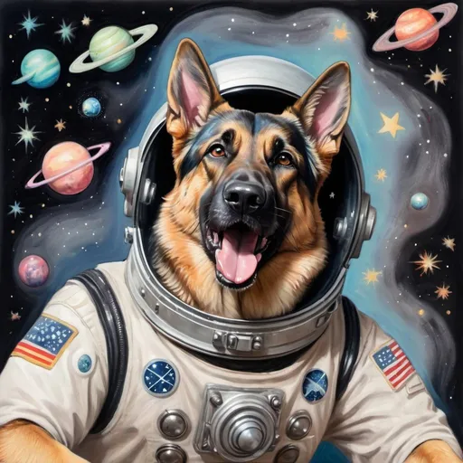 Prompt:  full body of a German shepherd dog wearing a space helmet with his mouth open and tongue out, floating in space surrounded by stars and planets, pastel painting