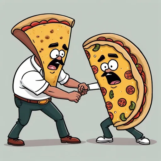 Prompt: cartoon picture of a taco man fighting a pizza dude
