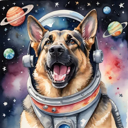 Prompt: water colour painting, vibrant, joyful, German Shepard dog with mouth open and tongue hanging out, wearing a space helmet, floating in space with stars and planets surrounding him