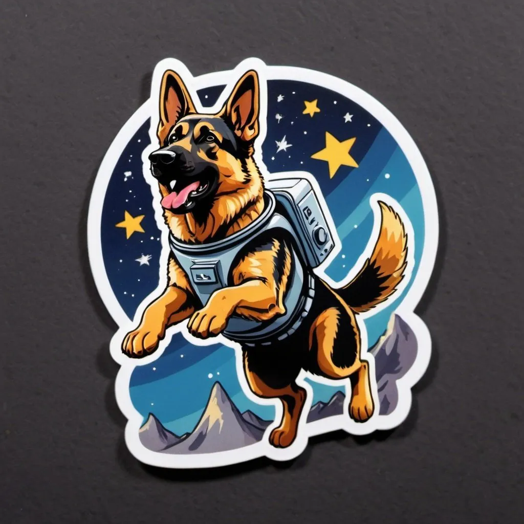 Prompt: diecut sticker of a german shepherd leaping to catch a star wearing a space helmet