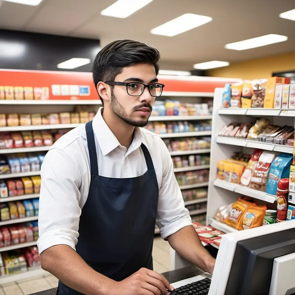 Prompt: busy clerk in convenience store attending clients.