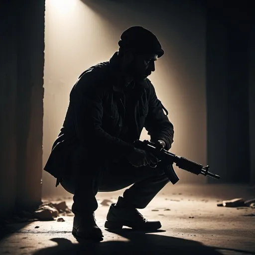 Prompt: a backlighting silhouette of a gun man pointing to a surrendered victim on his knees 
