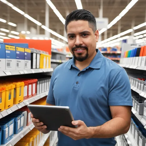 Prompt: hispanic man holding a tablet at office supplies store