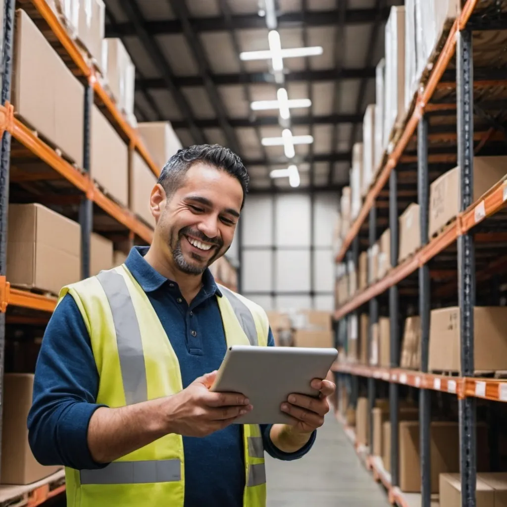 Prompt: Hispanic man, smiling, looking at a tablet, in a warehouse, surrounded by metal shelves and cardboard boxes