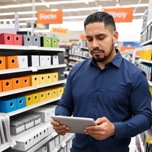 Prompt: hispanic man holding a tablet at office supplies store