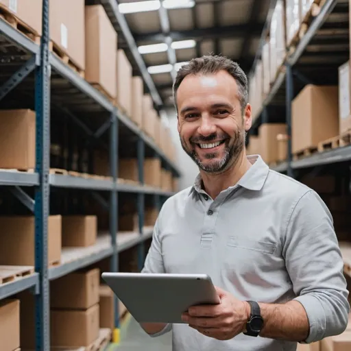 Prompt: Man smiling and holding a tablet, in a warehouse, surrounded by metal shelves and cardboard boxes