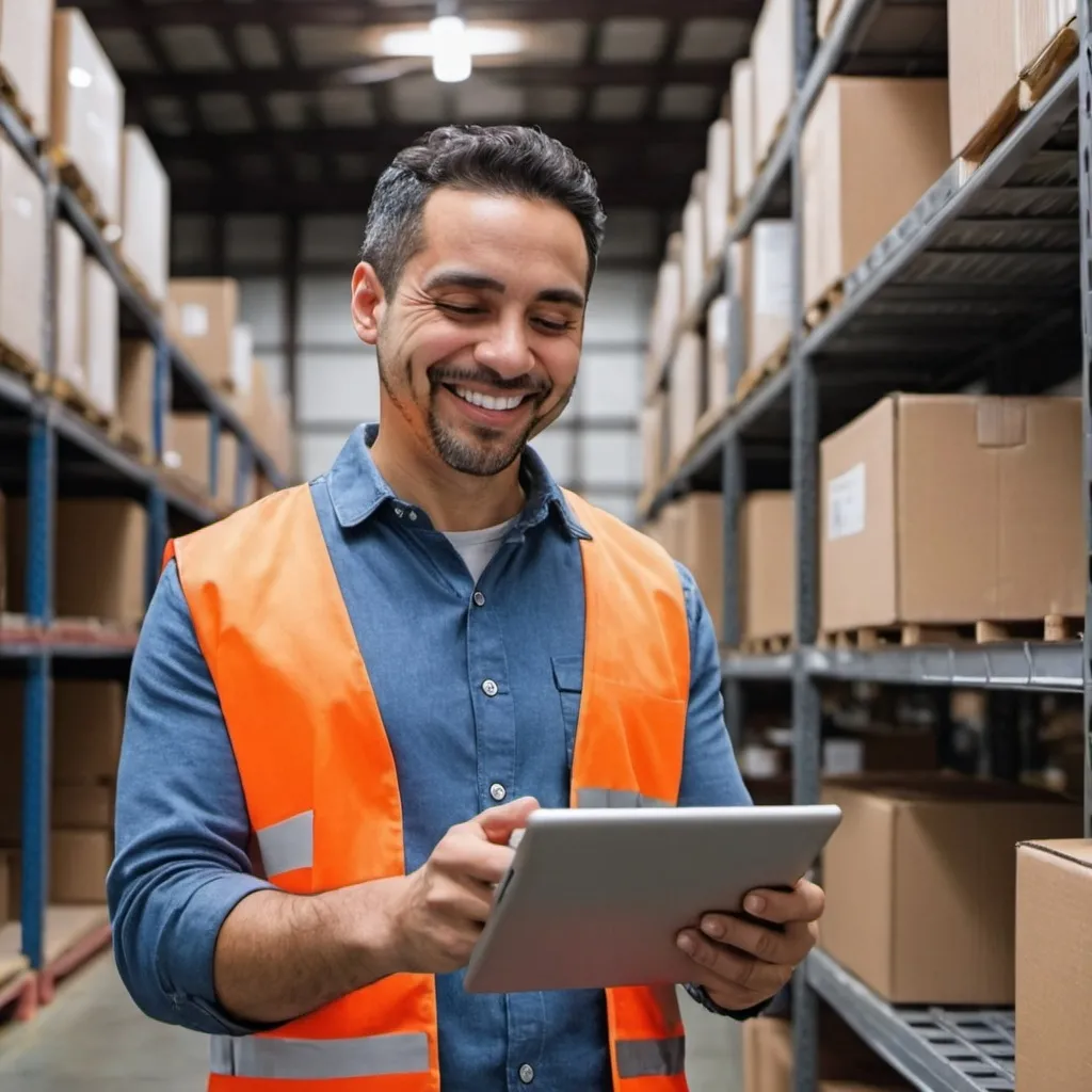 Prompt: Hispanic man, smiling, looking at a tablet, in a warehouse, surrounded by metal shelves and cardboard boxes