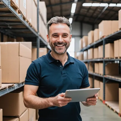 Prompt: Man smiling and holding a tablet, in a warehouse, surrounded by metal shelves and cardboard boxes