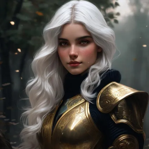 Prompt: white hair black girl, dark skin, soft white hair, hazel eyes, knight plate armour, light hair, Greg Rutkowski, John William Waterhouse, Alphonse Mucha,. (vibrant colors:4), full hd, high quality, 4k, trending on artstation, oil painting, symmetrical, intricate, highly detailed, portrait, full body