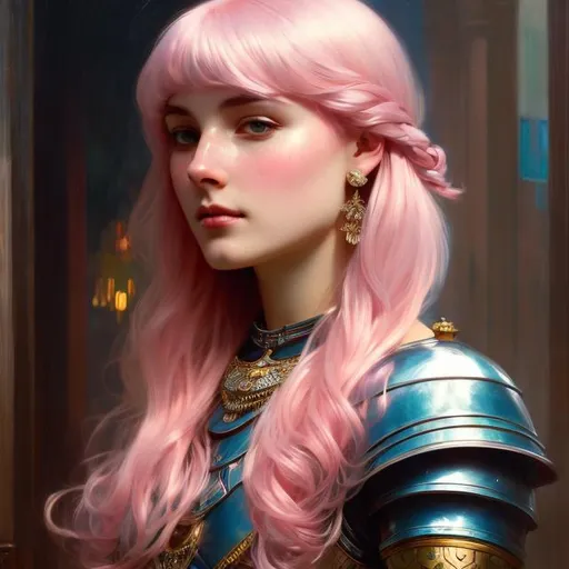 Prompt: soft pink hair, knight plate armour, Greg Rutkowski, John William Waterhouse, Alphonse Mucha,. (vibrant colors:4), full hd, high quality, 4k, trending on artstation, oil painting, symmetrical, intricate, highly detailed, portrait, side profile
