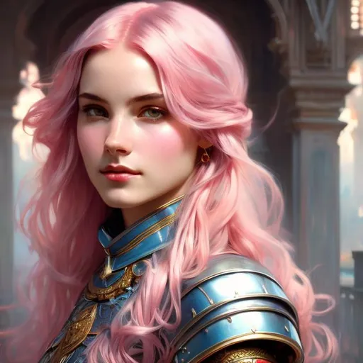 Prompt: soft pink hair, knight plate armour, Greg Rutkowski, John William Waterhouse, Alphonse Mucha,. (vibrant colors:4), full hd, high quality, 4k, trending on artstation, oil painting, symmetrical, intricate, highly detailed, portrait, side profile