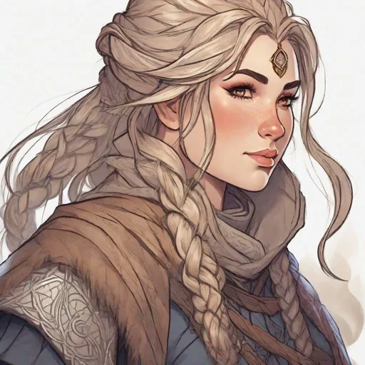 Prompt: female dwarf cleric, stout, strong, chainmail, confident, braided hair, anime style, severe facial scars, long shot, DnD portrait, fantasy art, no makeup