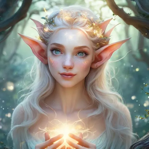 Prompt: Zoom in Portrait Very beautiful elf woman holding an orb of light (Masterpiece), gentle eyes and smile, gentle sparks of light, pale blond hair, (Masterpiece), fantastic sunlight,  very beautiful woman, fantasy, beautiful dancing pose, fantastic sky background, realistic flowers and plants,, constellation-like design Dress, in forest Shining pale blond hair, cinematic light, beautiful woman, beautiful eyes, long hair, perfect anatomy, very pretty, princess eyes, fantastic, stylised animation, bioluminescent, life size, 32K resolution, human hands, mysterious shape, graceful, almost perfect, dynamic angles, highly detailed, figure sheet, concept Art, smooth, symmetrical, balanced placement, fashion pose, 20s beauty, great hair, overhead space