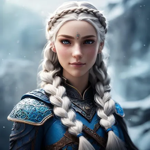 Prompt: she has light blue hair, one braid in hair, create most beautiful fictional female viking princess warrior, light hazel eyes, extremely detailed environment, detailed background, intricate, detailed skin, professionally color graded, photorealism, 8k, moody lighting