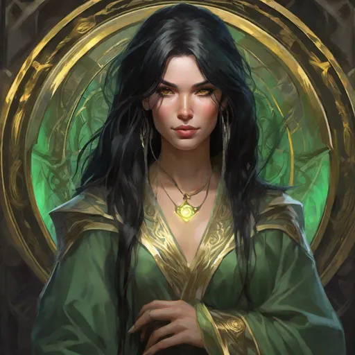 Prompt: digital painting portrait of a beautiful aasimar sorceress with shoulderlength black hair and golden, glowing eyes in a silver and green robe in the style of baldur's gate portrait art and art by greg rutkowski, ayami kojima and alphonse mucha
