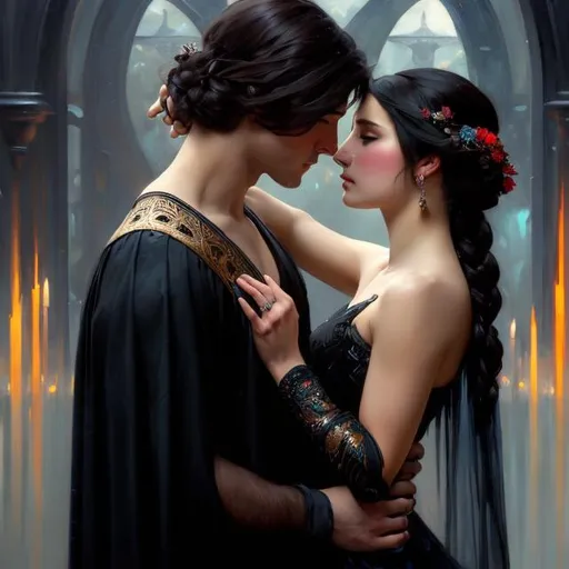 Prompt: Black frozen with her lover Greg Rutkowski, John William Waterhouse, Alphonse Mucha,. (vibrant colors:4), full hd, high quality, 4k, trending on artstation, oil painting, symmetrical, intricate, highly detailed, portrait, portrait