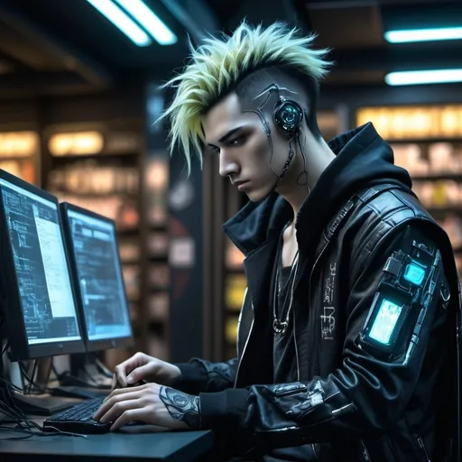 Prompt: Anime cyberpunk style, man in  shop, highly detailed, HD, dark background on heaker background me computer sytem on computer haker boy
