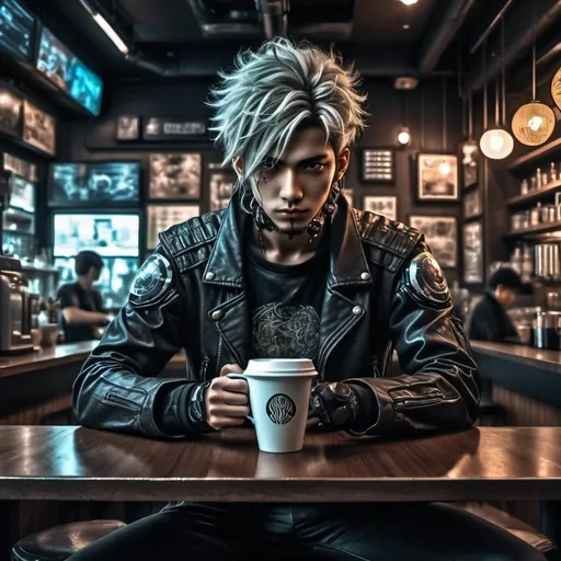 Prompt: Anime cyberpunk style, man in coffee shop, highly detailed, HD, dark background on bike  globe 
