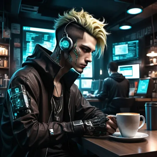 Prompt: Anime cyberpunk style, man in coffee shop, highly detailed, HD, dark background on heaker background me computer sytem
