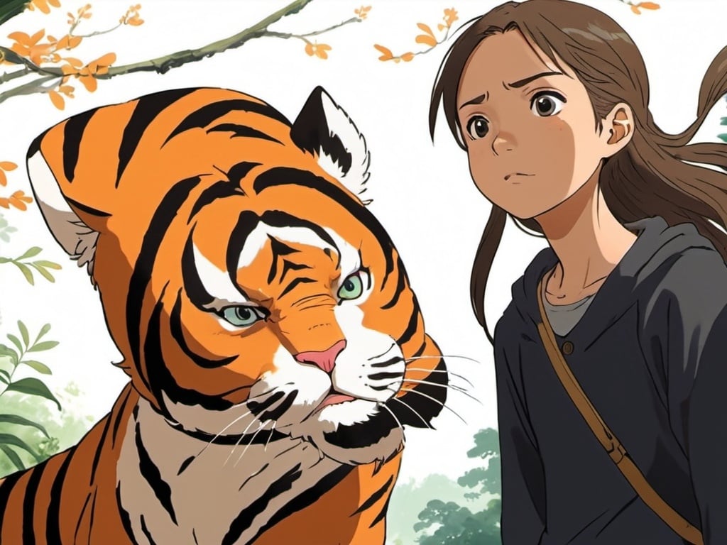 Prompt: 2d studio ghibli anime style, girl on tiger, anime scene