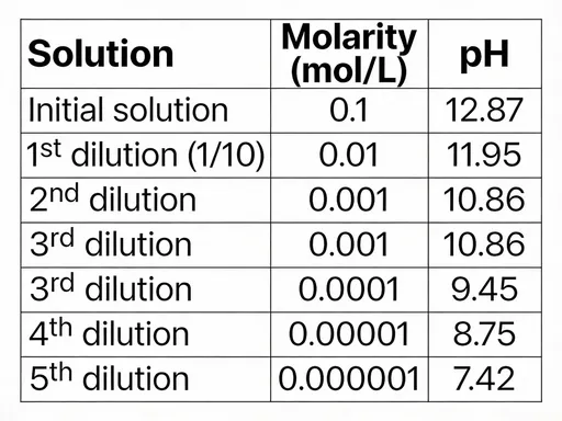 Prompt: Tabella dei dati ottenuti con il pH-metro
Soluzione Molarità (mol/L) pH
Soluzione iniziale 0,1 12,87
1ª diluizione (1/10) 0,01 11,95
2ª diluizione 0,001 10,86
3ª diluizione 0,0001 9,45
4ª diluizione 0,00001 8,75
5ª diluizione 0,000001 7,42