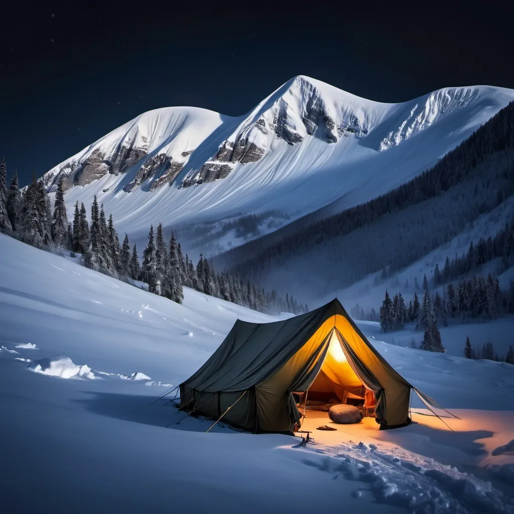 Prompt: russian winter mountain nighttime tent