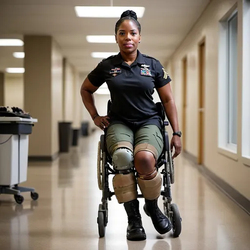 Prompt: black female military veteran with the disability of a prosthetic leg