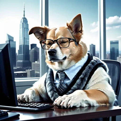 Prompt: Sleepy dog wearing glasses, typing on computer, saying 'Another one', cool-toned digital art, detailed fur and glasses, modern office setting, city skyline outside window, highres, detailed, professional, cool tones, digital art, sleepy expression, computer typing, glasses, modern office, city skyline
