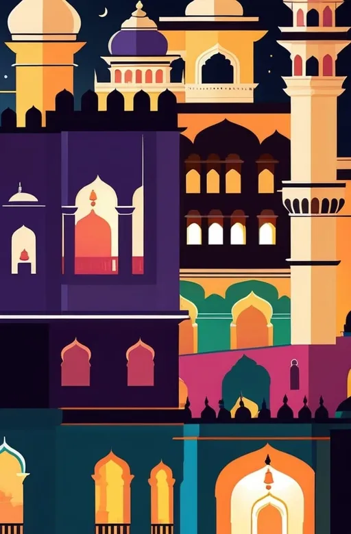 Prompt: illustrations for a book-cover,flat design,simple shapes,vector,colorful,2D,cute cartoon background, udaipur city palace at night