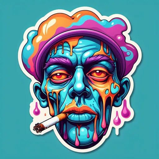 Prompt: Stylized vector illustration of a trippy, melting character smoking, inspired by a surreal, psychedelic vibe. Simple shading and bold, vibrant colors. Designed as a sticker with fluid, melting effects, creating a hypnotic, eye-catching look