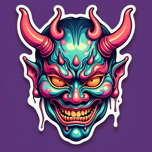 Prompt: Stylized vector illustration of a trippy, melting Japanese Hannya mask, inspired by a surreal, psychedelic vibe. Simple shading and bold, vibrant colors. Designed as a sticker with fluid, melting effects, creating a hypnotic, eye-catching look