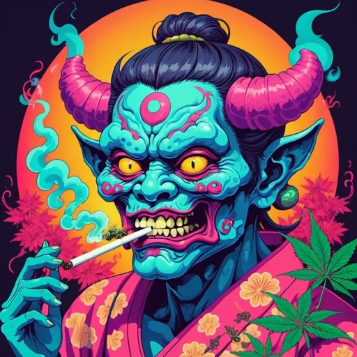 Prompt: a japanese demon smoking weed, 2d illustration, detailed illustration, flat design, vibrant colors, trippy style art, psychedelic style art