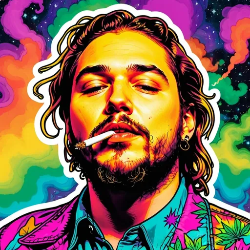 Prompt: post malone smoking weed, sticker, psydelic art, 2d illustration, datailed illustration, vibrant colors, trippy art, grime effects parts