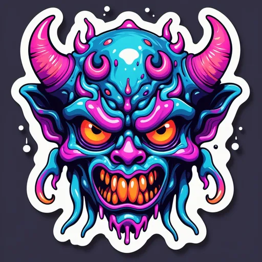 Prompt: Stylized vector illustration of a trippy, melting Oni demon, inspired by a surreal, psychedelic vibe. Simple shading and bold, vibrant colors. Designed as a sticker with fluid, melting effects, creating a hypnotic, eye-catching look.