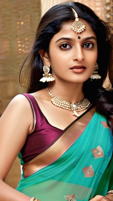 Prompt: TYPICAL 2K HOT INDIAN ANNI WITH FULL-SIZE CHEST 34, HIP 29, BACK 34 IN INDIAN TRADITIONAL HOT SAREE 