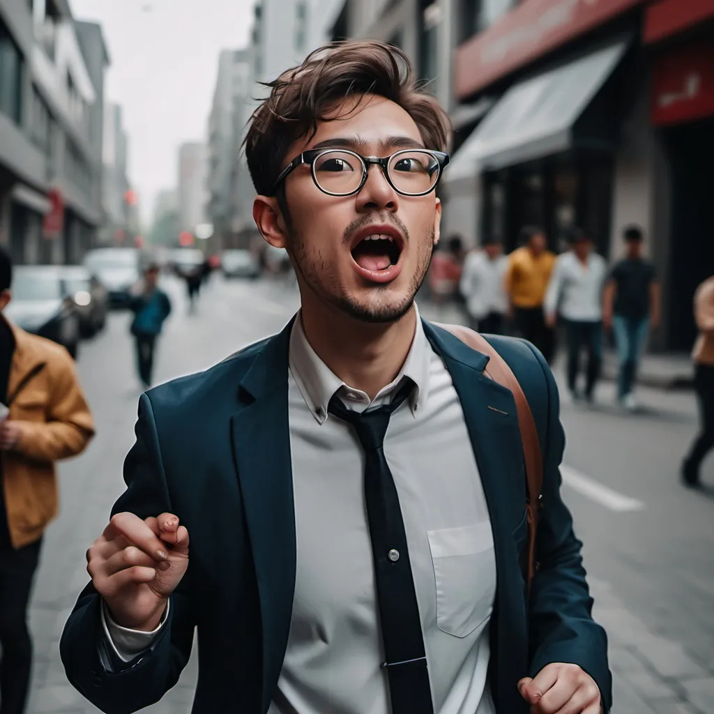 Prompt: Youung softwqre professional guy with spectacles walking on streets singing