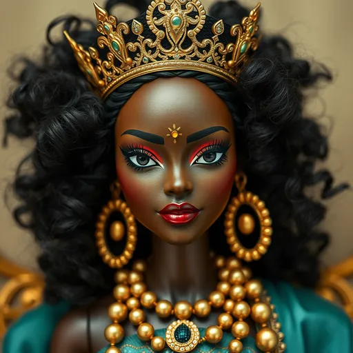 Prompt: A woman who knows who she is. A doll A queen A goddess with a crown a black woman