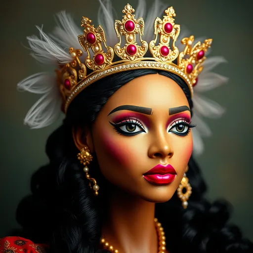 Prompt: A woman who knows who she is. A doll A queen A goddess with a crown a black woman