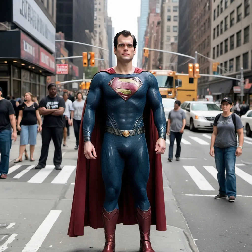 Prompt: Henry Cavill as superman, standing in the street in New York City. Look real