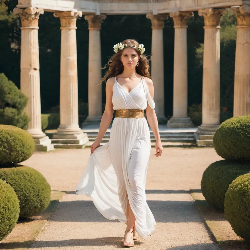 Prompt: A Greek goddess walking in the palace gardens