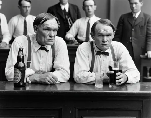 Prompt: Clarence Darrow and William Jennings Bryan from the Scopes Trial in 1925 but portrayed as monkeys in a courtroom discussing law while each is drinking a beer.