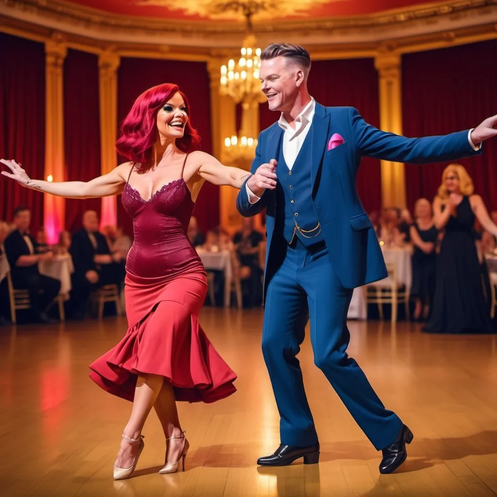 Prompt: Chris mccauseland blind comedian dance the Viennese with Dianne Buswell in the ballroom