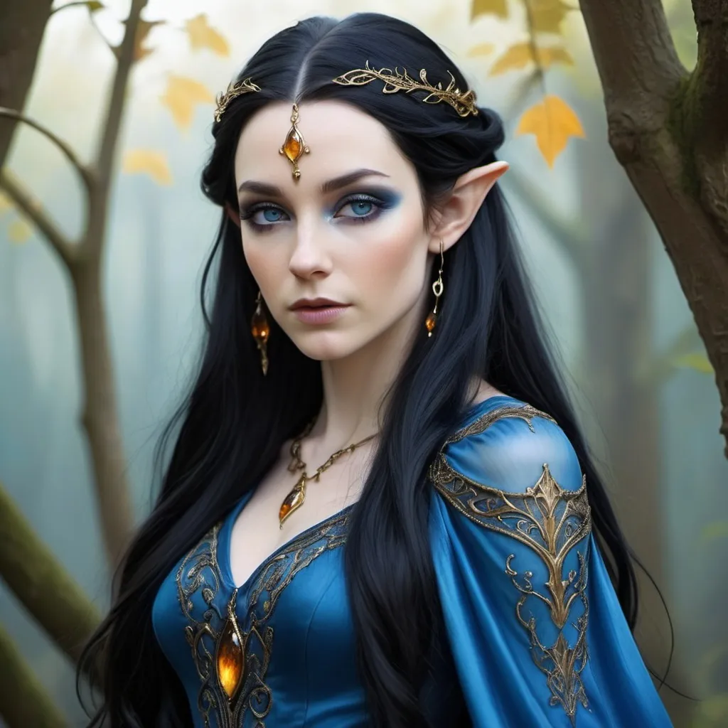 Prompt: A lovely elven woman with pale, translucent blue skin and long black hair, dressed in a tightly fitted gown of blue silk, adorned with amber highlights