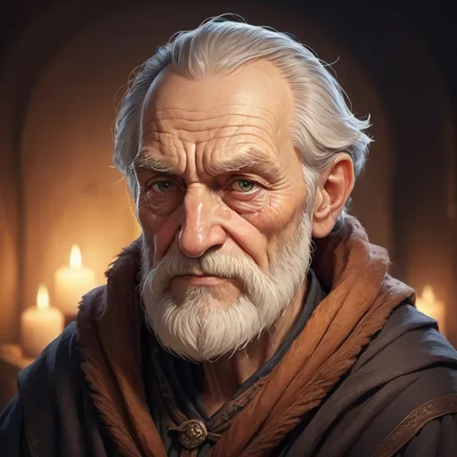 Prompt: Fantasy cartoon illustration of a bearded old man, gentle aspect, crows' feet, dark tunic, detailed facial features, warm color tones, soft lighting, high resolution, gentle fantasy style, detailed wrinkles, kind expression, rich textures, warm and inviting atmosphere