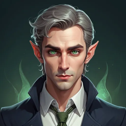 Prompt: Cartoon illustration of a devilishly handsome elven man, wide greenish grey eyes, navy topcoat, pressed white shirt, high quality, cartoon, detailed eyes, elegant attire, fantasy, cool tones, atmospheric lighting